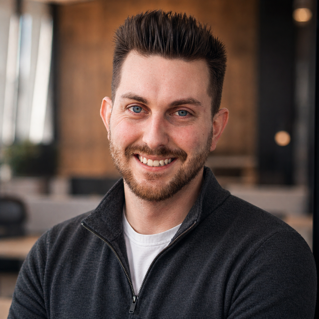 Tyler Hadley smiling and facing the camera in a professional setting, wearing business attire. The background shows a bright office environment. The mood is confident and approachable.
